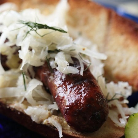 Wisconsin Beer Brats with Pickled Sweet Onions